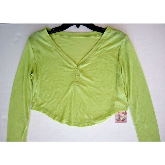 Halara Women's Sz S Reed Green V-Neck Button L/S Curved Hem Cropped Top - Picture 7 of 9